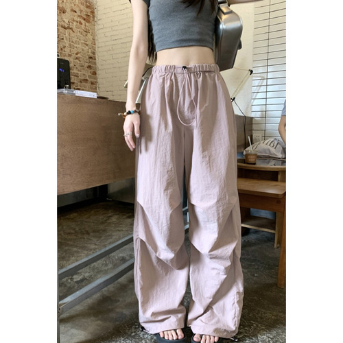 Dopamine Purple Drawstring Design Workwear Pants for Girls Summer Quick-Dry Sports Casual Straight Leg Loose Wide Leg Pants