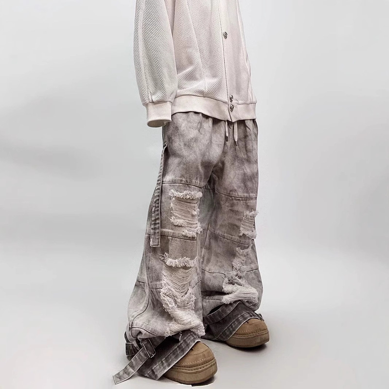 2026 Spring American Hip-Hop Trendy Brand Retro Distressed Washed Jeans High Street Loose Mud-Dyed Workwear Wide-Leg Pants