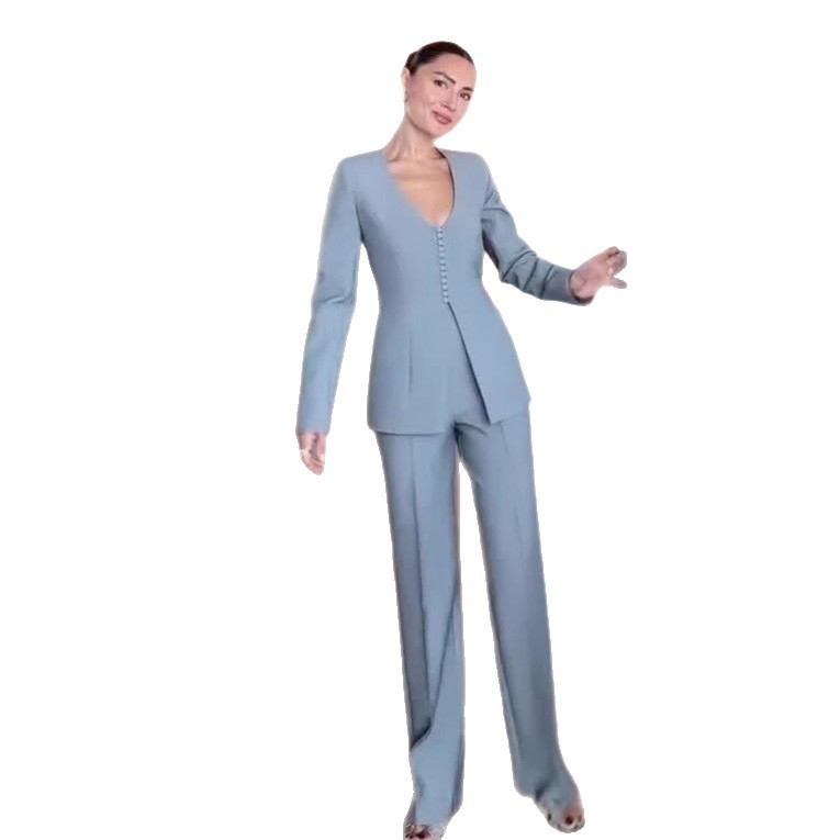 2025秋季新款欧美亚马逊跨境外贸女装v领气质修身浅蓝色西服套装|undefined