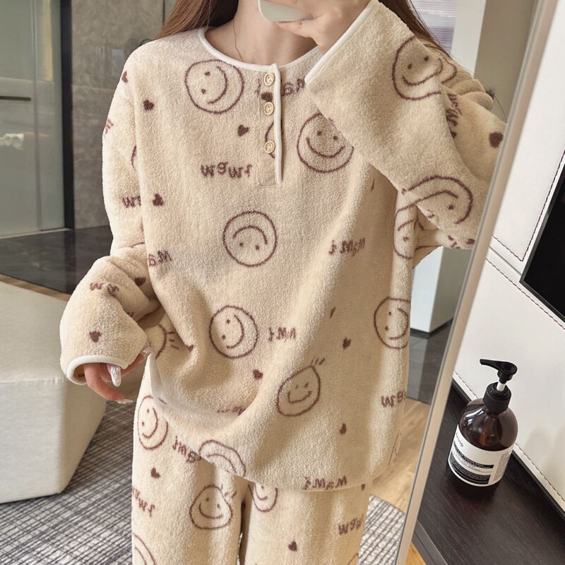 [Clearance] Sweet and Cute Style Autumn and Winter Long-Sleeve Long-Pants Korean-Style Pajamas Simple Casual Loungewear Set for Women