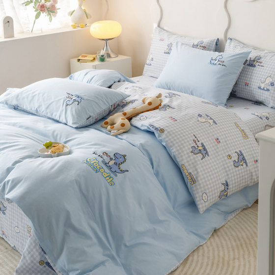 Cotton cartoon embroidered bed four-piece set pure cotton 100 children's bedding quilt cover dormitory bed single three-piece set male 4