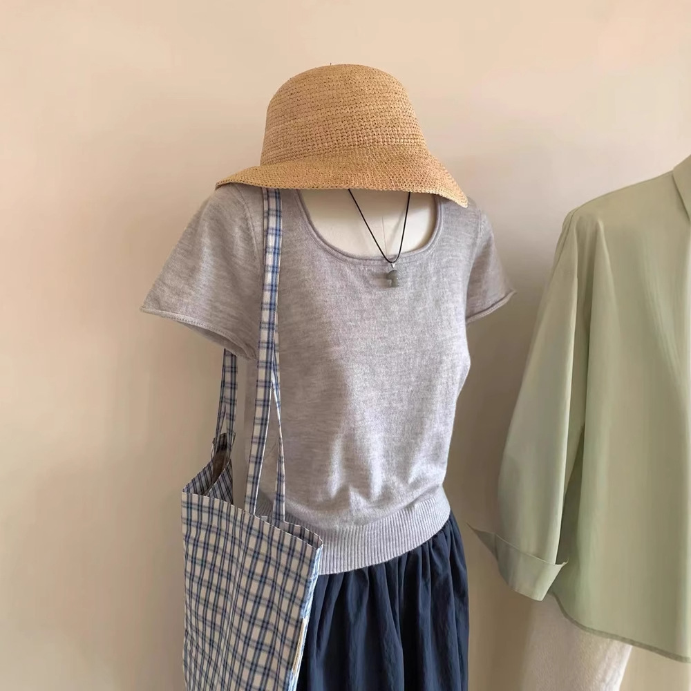 Korean Style Grey Large Collar U-Neck Ice Silk Knitted Short-Sleeved T-Shirt Women's Summer Small Flying Sleeve Short Thin Top