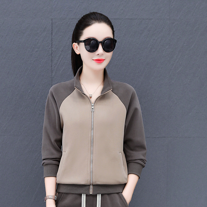 High Cotton Stand Collar Long Sleeve Zipper Cardigan Sweatshirt for Women 2023 Spring & Fall New Color Matching Casual Jacket Top