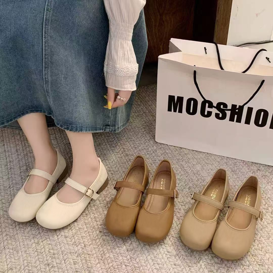 Cuero suave Mary Zhen tacones gruesos de verano nuevos zapatos de mujer de estilo universal, zapatos de base suave, zapatos de frijol para mujeres cuatro estaciones