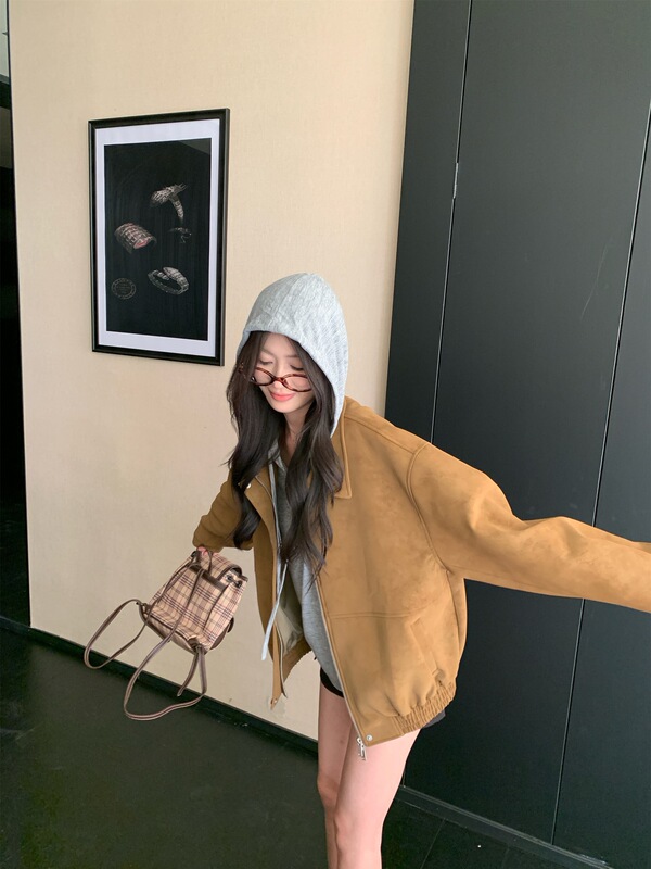 实拍 复古麂皮夹克女2025秋季美式宽松翻领休闲百搭显瘦外套上衣|undefined