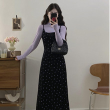 韩系丝绒碎花吊带裙打底套装女春秋大码胖妹妹温柔气质显瘦两件套