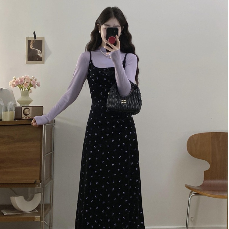 韩系丝绒碎花吊带裙打底套装女春秋大码胖妹妹温柔气质显瘦两件套