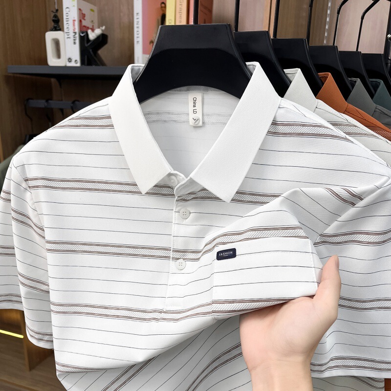 Fashion Striped Short-Sleeve Men's Summer Loose Fit Polo Shirt with Pockets Casual T-Shirt Top