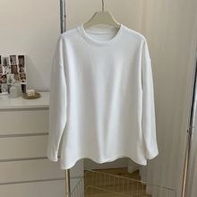 双面德绒磨毛打底衫女秋冬内百搭白色宽松中长款圆领长袖T恤上衣