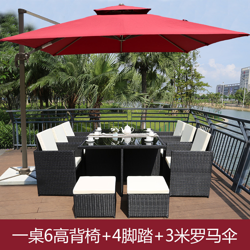 Mesa y silla al aire libre Villa patio jardín ocio silla de caña combinación impermeable al aire libre tabla de té de caña con paraguas