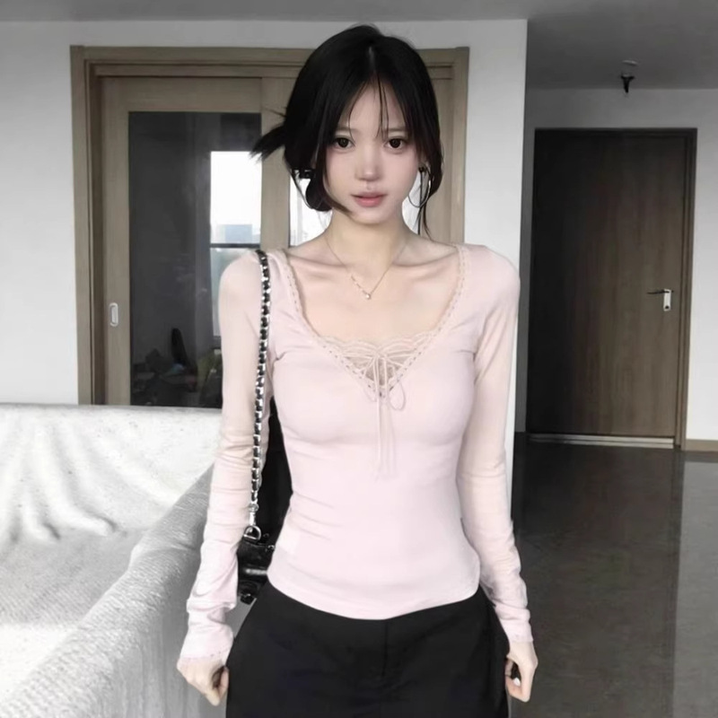 【260G Rayon Modal】Fake Two-Piece V-Neck Pure Desire Style Slim Fit Lace-Up Base Shirt Top 【260G Rayon Modal】Fake Two-Piece V-Neck Pure Desire Style Slim Fit Lace-Up Base Shirt Top