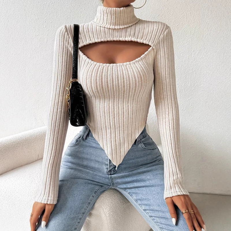 2026 Spring/Summer New Cross-Border European and American Women's Fashion Sexy Hollow-Out Irregular Long-Sleeve Knitted Ribbed Short Top