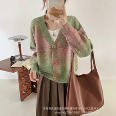 渐变花线针织开衫女短款秋装2025新款外搭宽松毛衣外套春秋