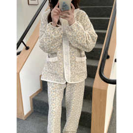 实拍2025ins冬季加厚双面绒保暖韩系碎花花边撞色家居服睡衣套装