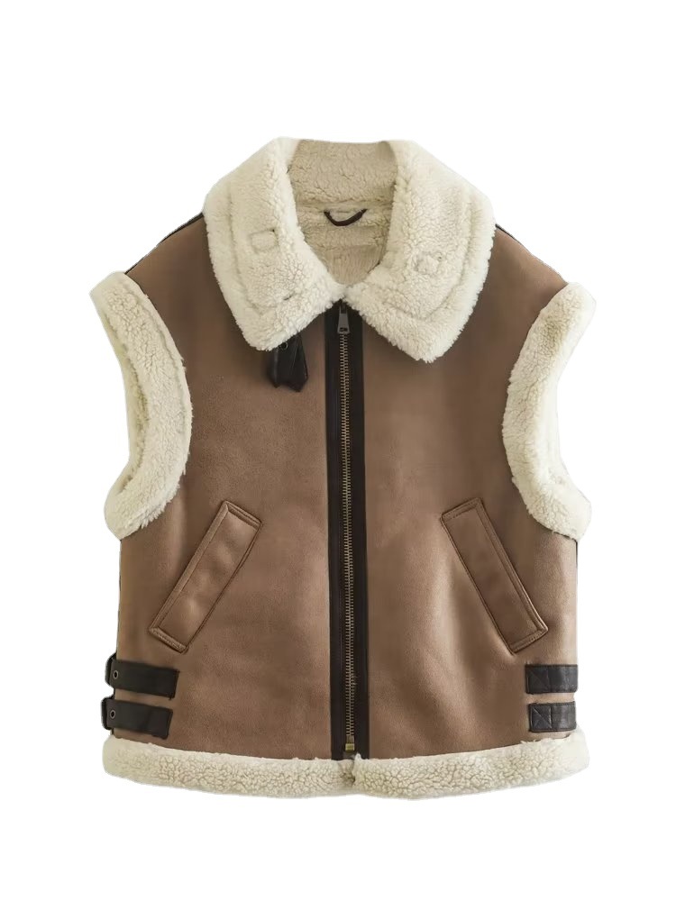 Women Faux Sheepskin Fur Waistcoat Chic Lady Faux Leather Fleece Warm Vest Woman Sleeveless Jacket Fall Winter_voghion.com