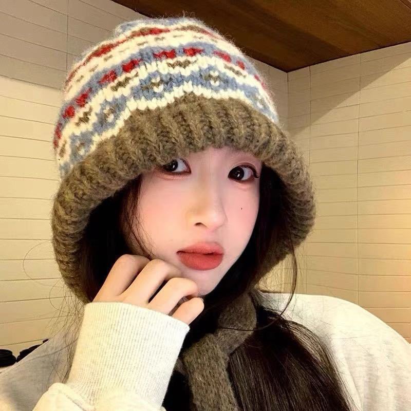 渐变色毛线帽子秋冬季女韩版百搭显脸小针织帽防寒保暖护耳毛绒帽|undefined