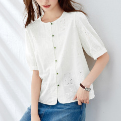 新中国式シャツ女性半袖丸首杏色刺繍上着国風シャツ白通勤ゆるい上着