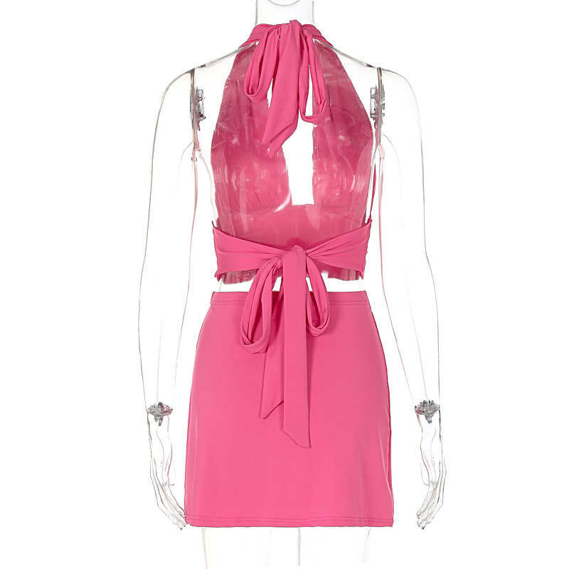 Summer Deep V Plunge Lace up Halterneck Vest Skirt Suit Outfit Women Clothing