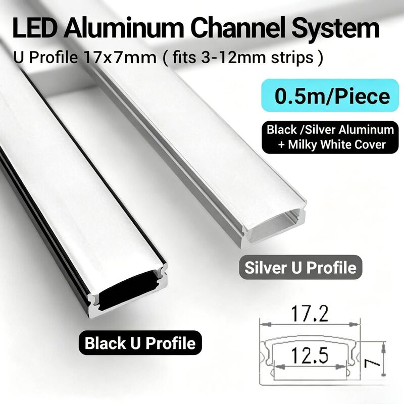 0.5m Led Aluminum Profile Channel Diffuser Bracket U-Shaped Black/Silver Linear Light Strip Ceiling Wall Lighting