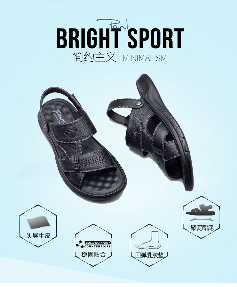 Dép sandal nam da bò hở ngón gót bằng 2,5 cm thoáng khí chống trượt — Kaki, Màu đen chi tiết 3