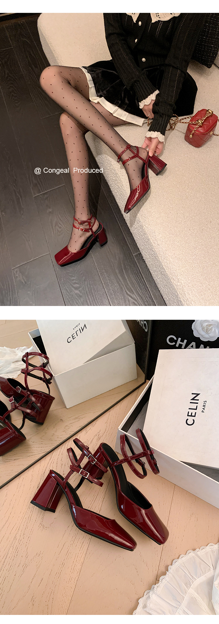 Giày sandal cao gót nữ mũi vuông bít mũi quai ngang gót thô da thật — Màu đen chi tiết 12