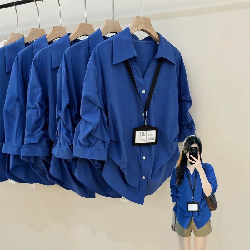 Blue High-End Shirt for Women, New Spring and Summer Style, Loose Fit, Slimming, Fashionable, Versatile, Pleated Cardigan, Klein-Style Top Blue High-End Shirt for Women, New Spring and Summer Style, Loose Fit, Slimming, Fashionable, Versatile, Pleated Cardigan, Klein-Style Top
