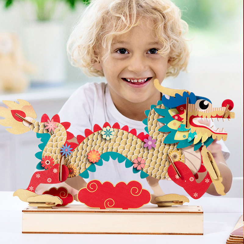 Juguetes transfronterizos de madera educación temprana 3D dragón láser chino rompecabezas tridimensionales Monchi niños rompecabezas decoraciones tridimensionales image 5