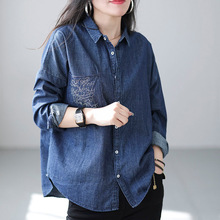 清仓捡漏~专柜撤柜复古长袖牛仔衬衫女春秋宽松显瘦翻领开衫上衣