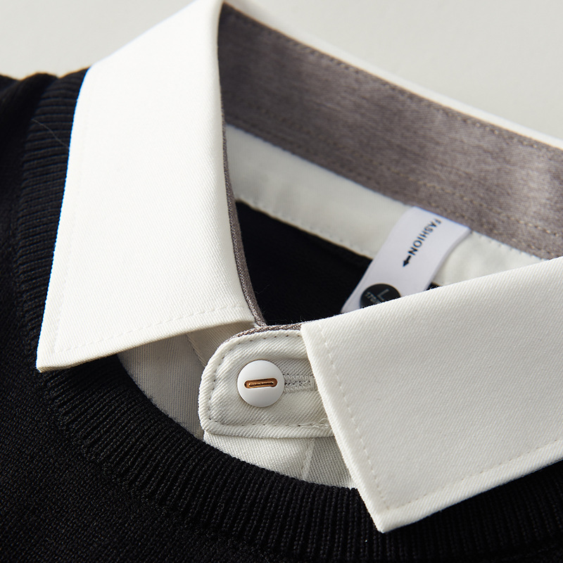 Fake two-piece sweater men's autumn and winter black shirt collar men's inner bottoming top sweater overalls customization