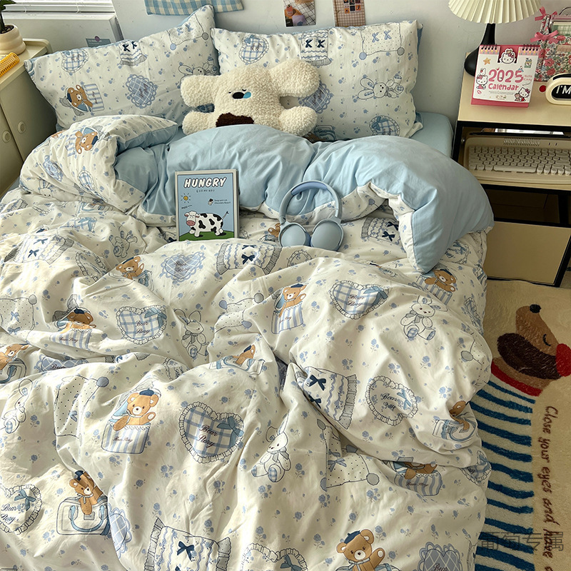 A类母婴级纯棉床上用品四件套ins风全棉床单被套床笠学生宿舍三件|undefined