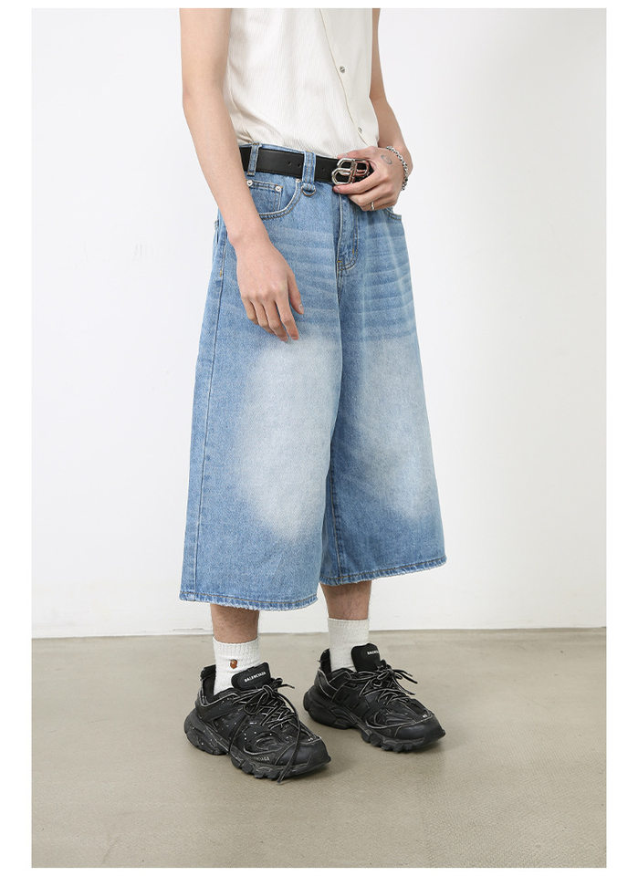 Quần short jean nữ ống rộng lửng cá tính phong cách đường phố — Làm cũ, Màu trắng, Rằn ri, Xanh lam cổ điển chi tiết 9