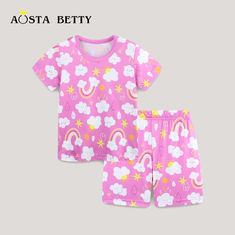 Traje de dos piezas de servicio a domicilio de manga corta para niñas de estilo europeo y americano transfronterizo 25 verano nuevo traje para niños cuello redondo casual manga corta