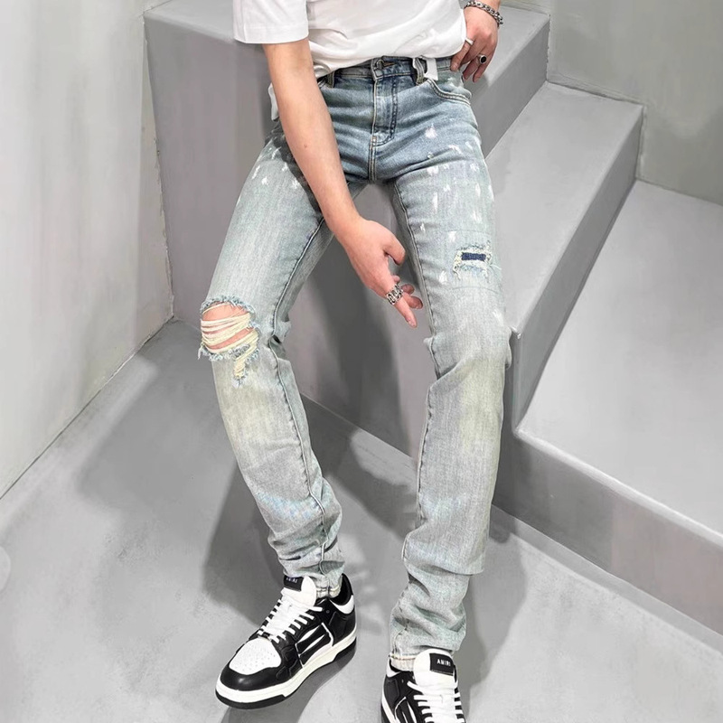 High-end Trendy Brand Ripped Jeans Men's Ripped Korean Version Trendy Handsome Splash Ink Light Beggar Pants Slim-fit Skinny Pants