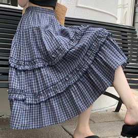 复古格子边蛋糕半身裙女夏季新款松紧腰休闲中长裙a字百褶裙