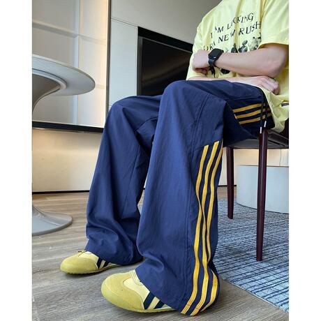 Summer Thin Sports Pants with Three Stripes, Wide-Leg Casual Quick-Dry Ice Silk Pants for Men, Straight Loose Fit
