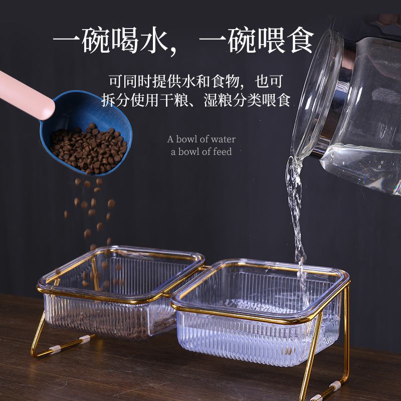 Gato Bowl doble tazón automático de agua potable gato suministros gato tazón al por mayor gato comida Bowl Pet Bowl doble tazón de plástico protección del cuello de doble uso