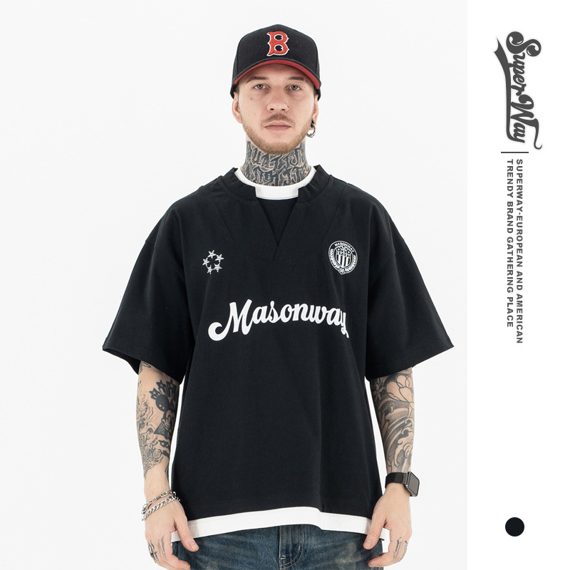 Lanhai Men's 2025 New Fashion Brand Heavy Retro Badge Printed Ice Hockey Clothing V-Neck Small Opening Short Sleeve T-Shirt for Men