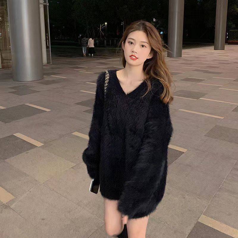 Ins Trendy Autumn and Winter Sweater Jacket Women's Loose Korean Style 2025 New Imitation Mink Thickeneded Mid-Length V Neck Pullover
