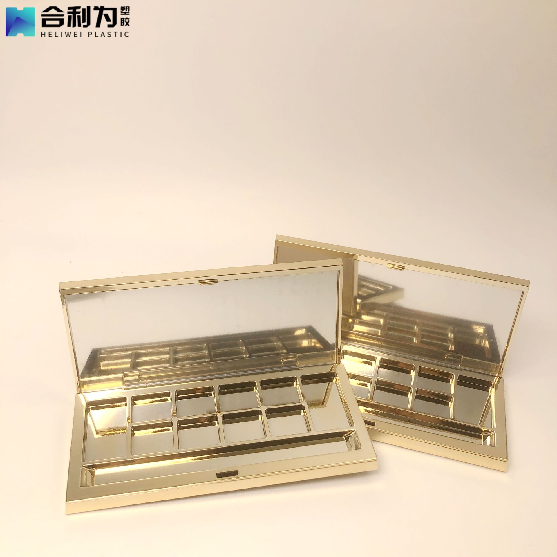 厂家直供新款带顶片电镀金十格十色眼影盘带镜分装diy化妆品包材