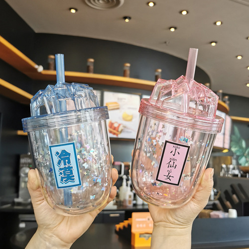 Manufacturer wholesale Korean version large diameter straw milk tea cup large capacity double layer student couple glitter AS plastic water cup