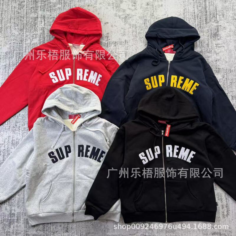 Cross-border SUPREME 24FW waffle-knit fleece sweatshirt, unisex couple style, with patchwork design and zipper, trendy brand