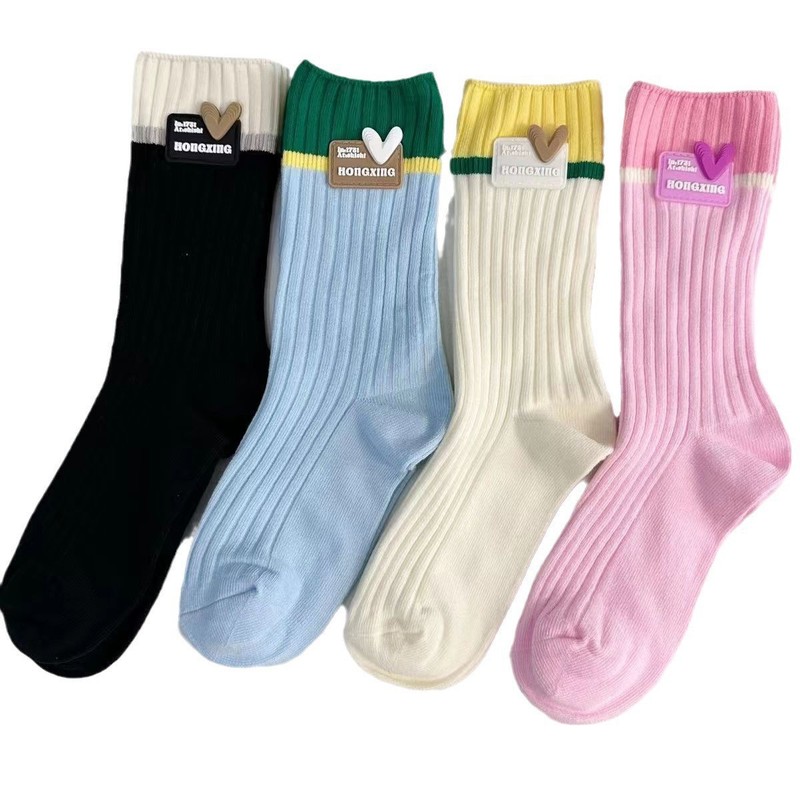 多巴胺女袜子四季款中长筒堆堆袜薄款粉短袜拼色刺绣Socks跨境夏|undefined