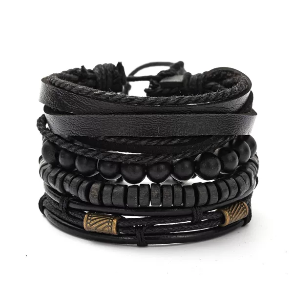 Foreign trade platform hot-selling retro literary style bronze bundle leather wooden beads suit bracelet factory in stock wholesale