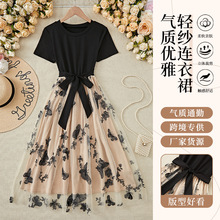 气质名媛高端连衣裙流行裙子新款刺绣修身假两件网纱裙跨境印花