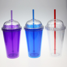 双层吸管杯塑料冷饮杯咖啡杯杯圆形螺旋杯透明吸管杯