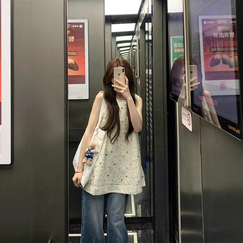 花朵无袖T恤女夏设计感小众减龄上衣外穿大版宽松显瘦背心娃娃衫|undefined
