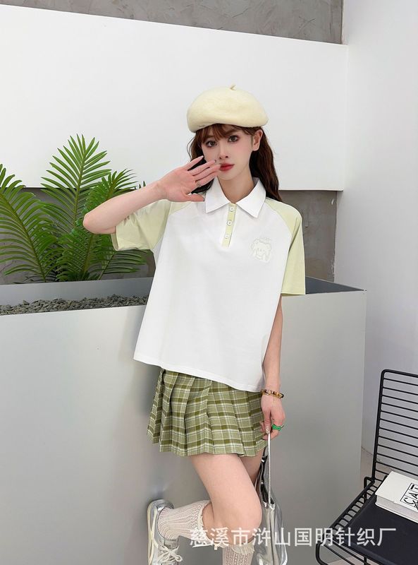 2025 新日本スポーツウェア女性の夏のカジュアルルーズ学生半袖ラグランスリーブカラーマッチングポロ襟 Tシャツ|undefined