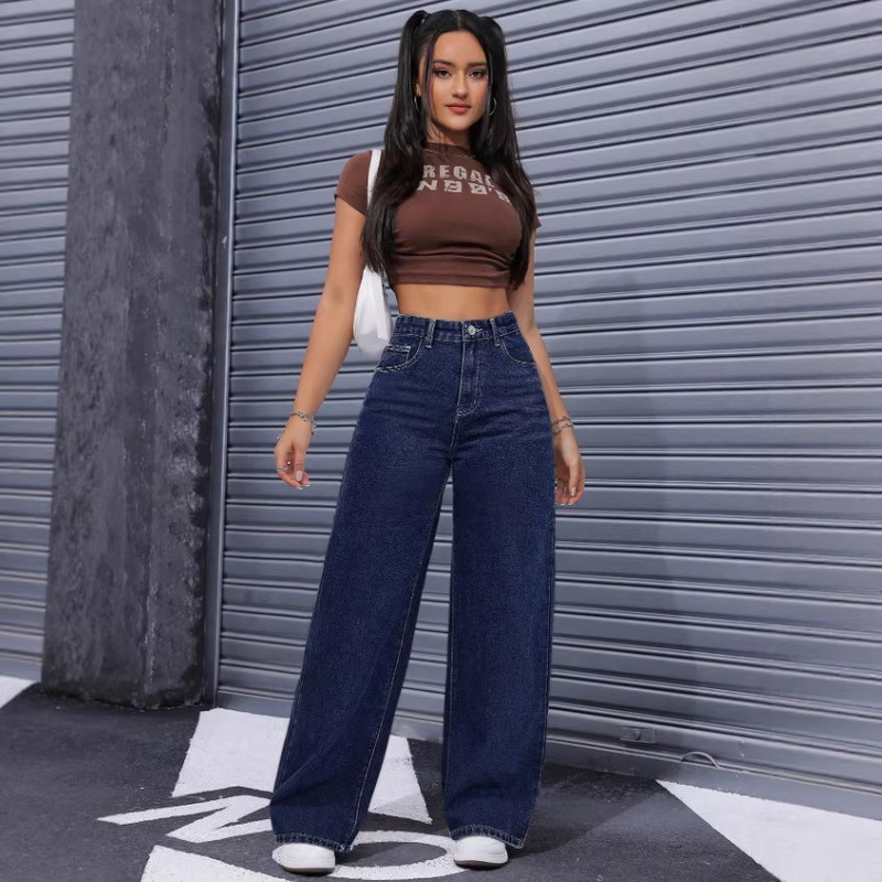 Amazon Deep Blue Cross-Border Aliexpress Foreign Trade Style Dropshipping New High-Waisted Wide-Leg Hot Girl Jeans Long Pants Summer Amazon Deep Blue Cross-Border Aliexpress Foreign Trade Style Dropshipping New High-Waisted Wide-Leg Hot Girl Jeans Long Pants Summer