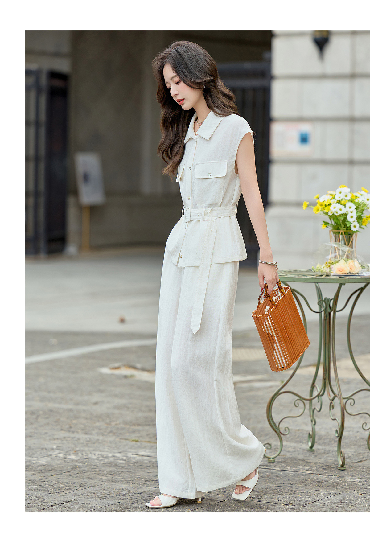 Bộ jumpsuit nữ tay ngắn cổ bẻ ống rộng mùa hè 2026 — màu trắng ngà, màu vàng chi tiết 15