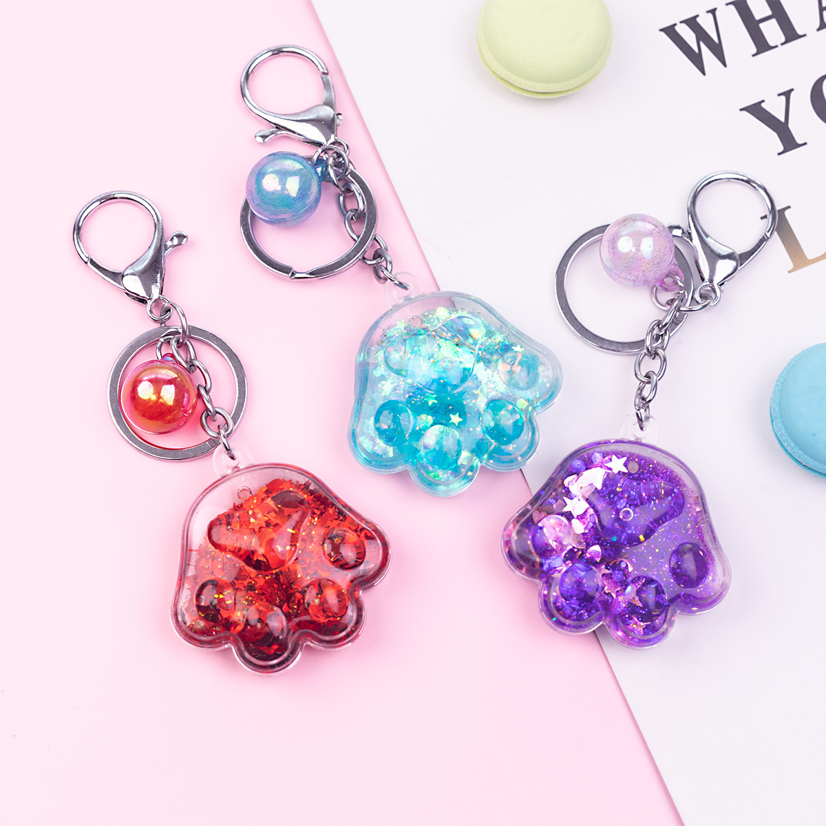 Porte-clés en forme de patte de chat en acrylique rose, mignon, dessin animé, exquis, pendentif en sable liquide pour fille, décoration de sac à dos_voghion.com